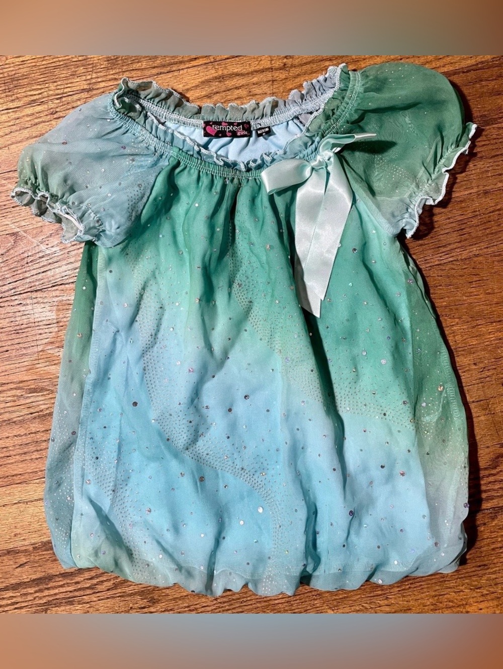Tempted Girls Aqua to Seafoam Green Sparkle Bubble Dress size 5